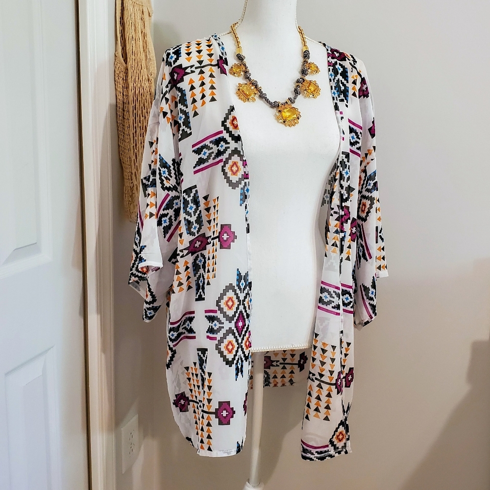 Kimono Sheer Swim Beach Cover Up - Geometric Tribal Aztec Print